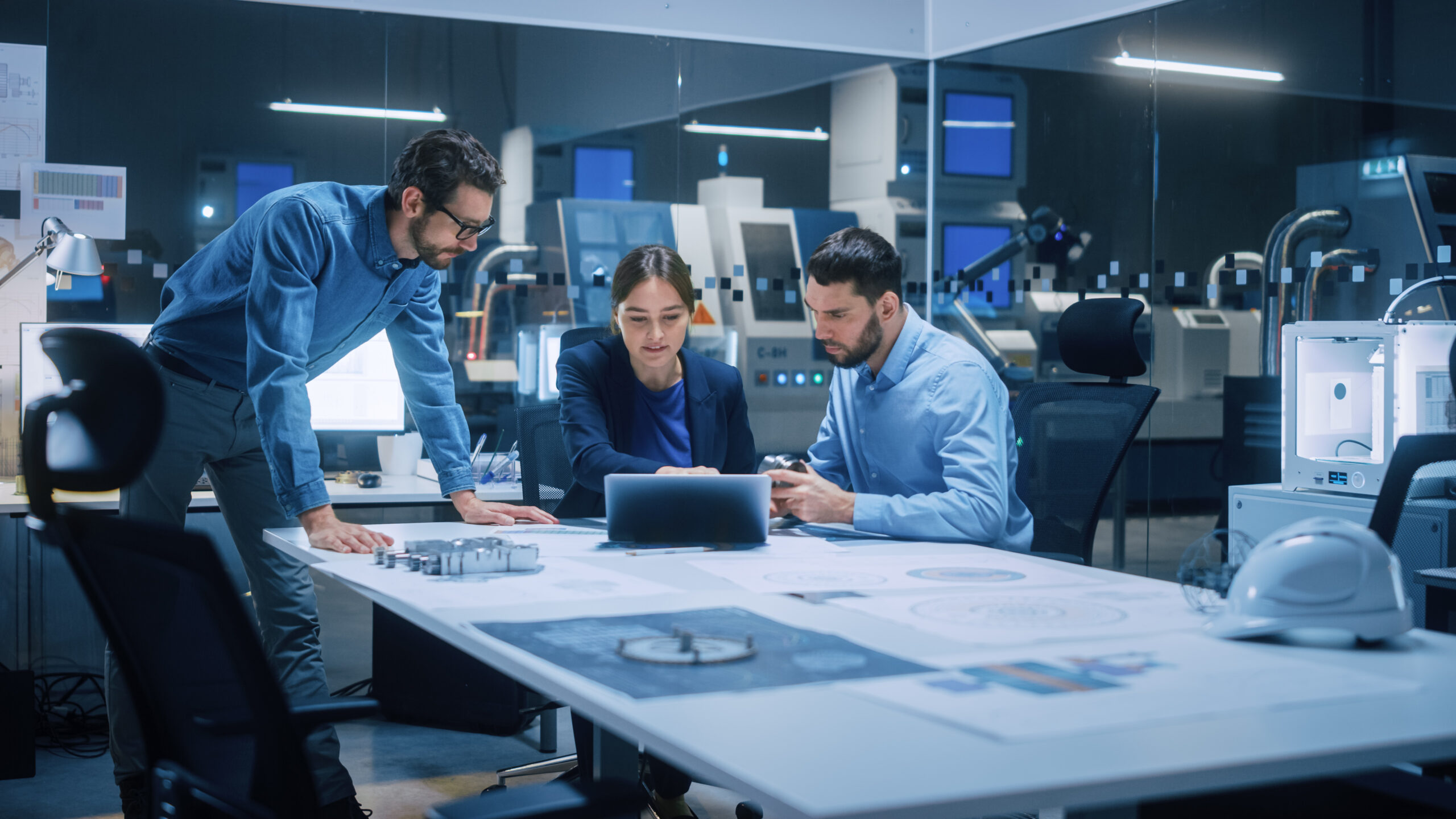 Factory Office Meeting Room: Team of Engineers Gather Around Con